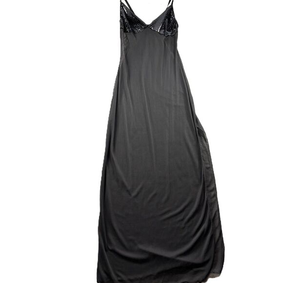 Vintage Slip Dress Nightgown Robe Set Sheer Velvet Trim Black Silver Small F177 - Picture 2 of 10